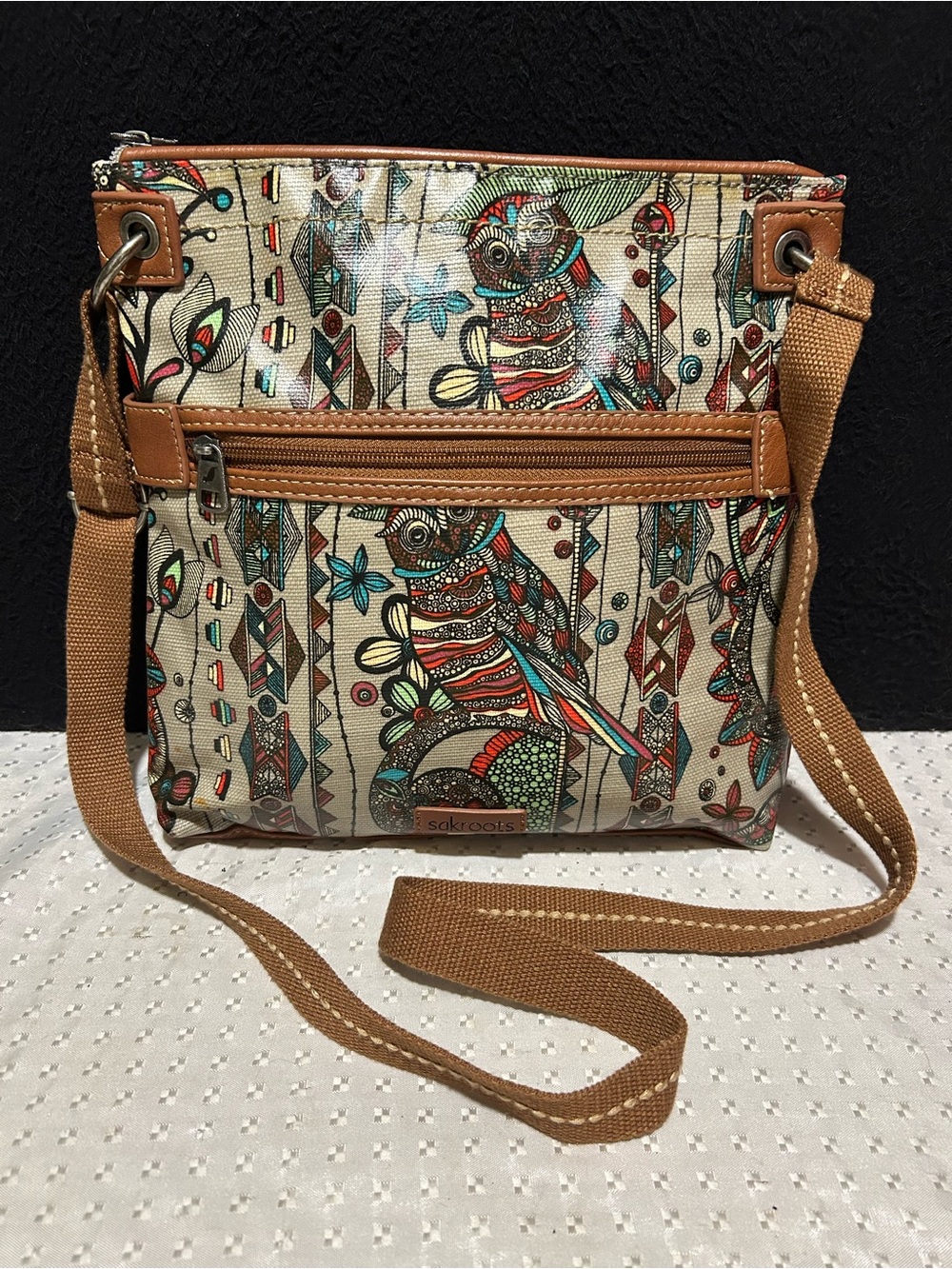 Sakroots Owl Crossbody Handbag Multi-color and Brown 11.25" x 11" x 1.75"